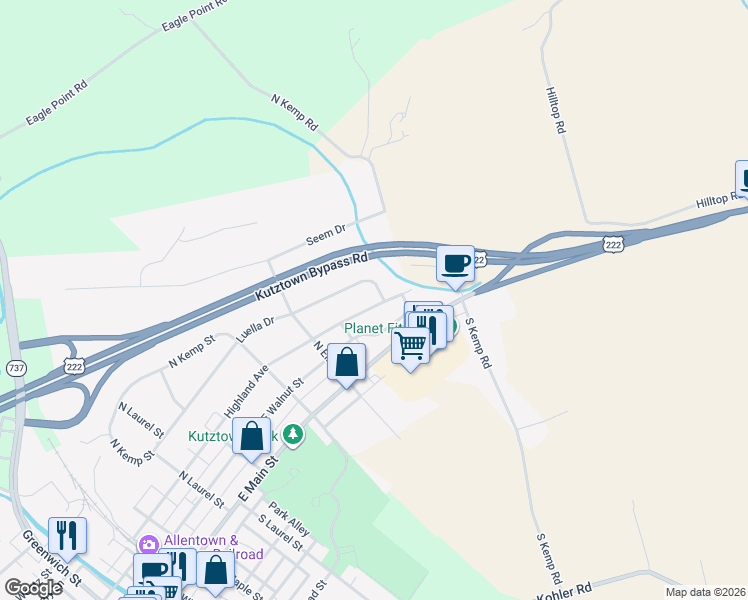 map of restaurants, bars, coffee shops, grocery stores, and more near 739 Highland Avenue in Kutztown