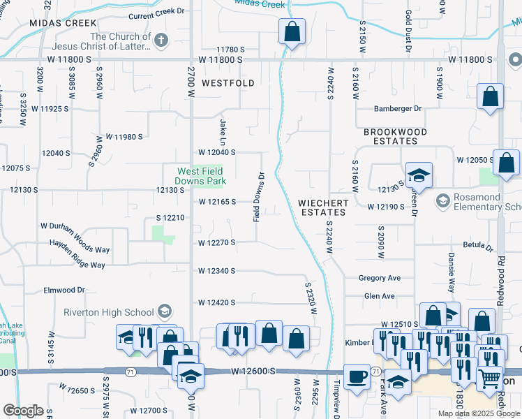 map of restaurants, bars, coffee shops, grocery stores, and more near 2490 West 12195 South in Riverton
