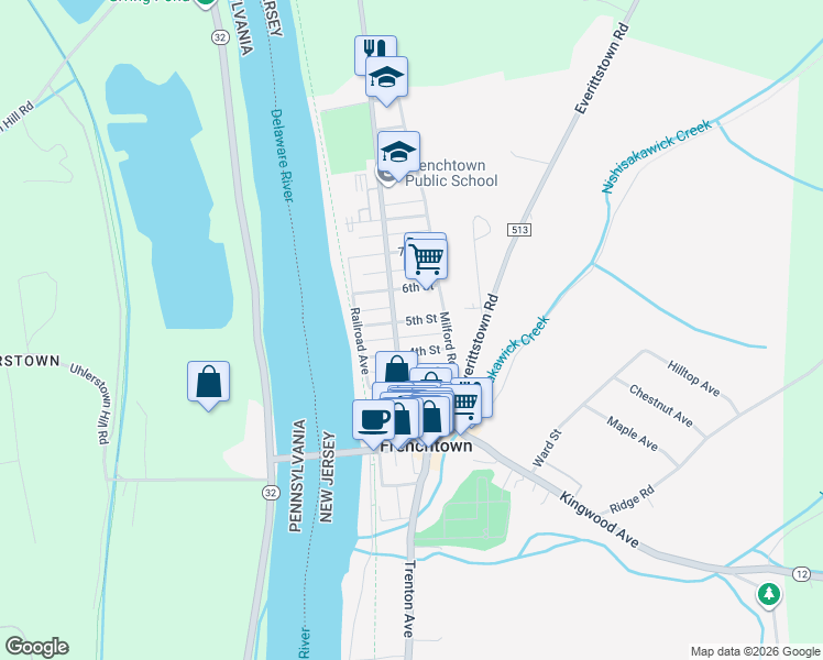 map of restaurants, bars, coffee shops, grocery stores, and more near 24 5th St in Frenchtown