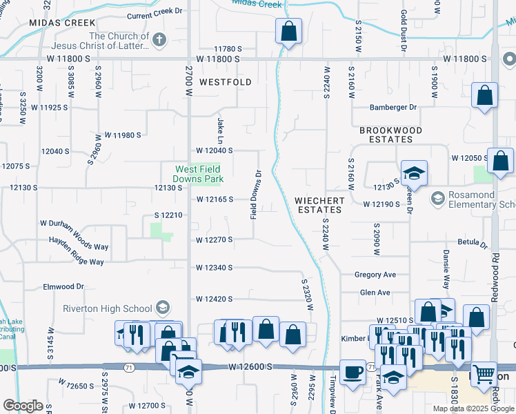 map of restaurants, bars, coffee shops, grocery stores, and more near 2490 West 12195 South in Riverton