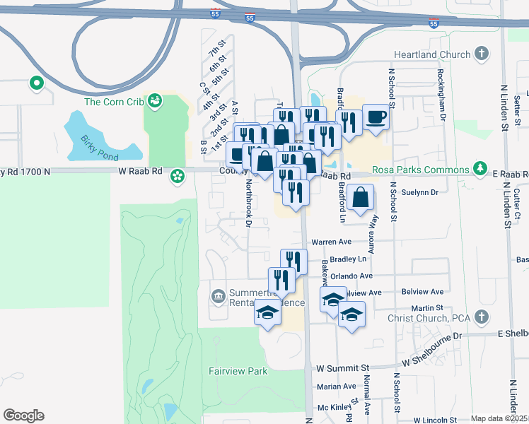 map of restaurants, bars, coffee shops, grocery stores, and more near 1600B Northbrook Drive in Normal