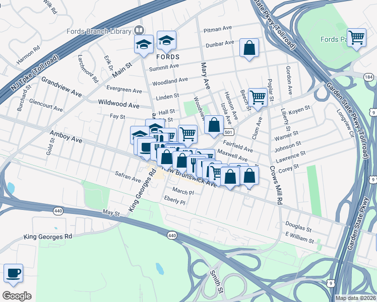 map of restaurants, bars, coffee shops, grocery stores, and more near 827 King Georges Road in Woodbridge Township