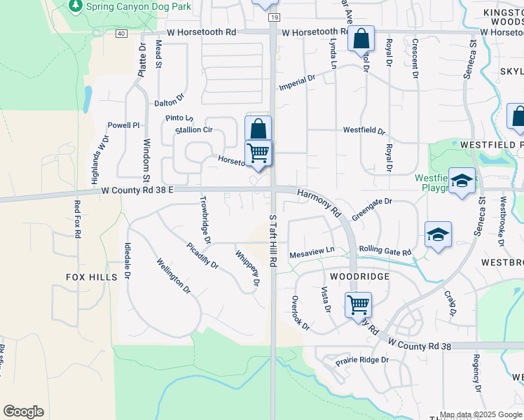 map of restaurants, bars, coffee shops, grocery stores, and more near 4125 South Taft Hill Road in Fort Collins