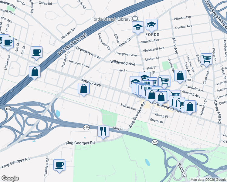 map of restaurants, bars, coffee shops, grocery stores, and more near 693 Amboy Avenue in Edison