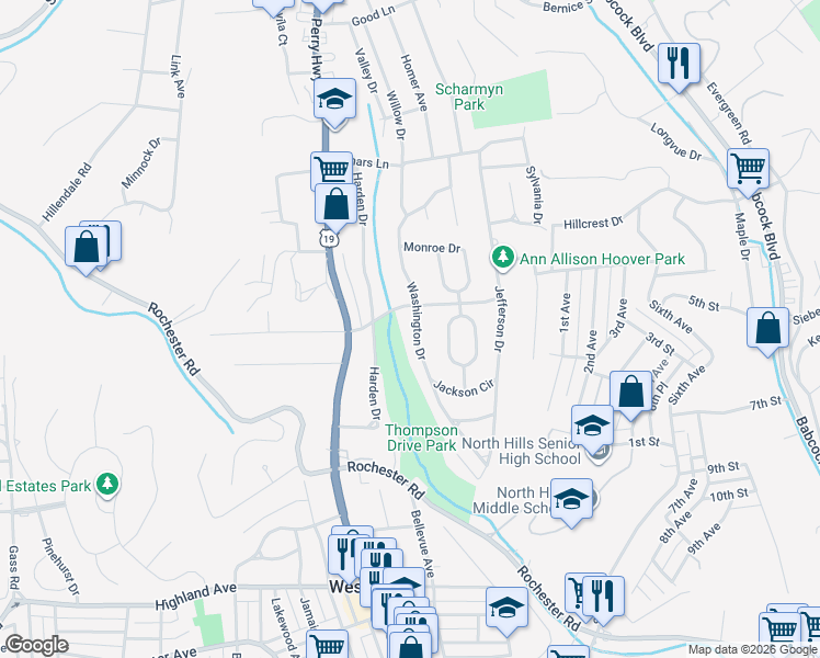 map of restaurants, bars, coffee shops, grocery stores, and more near 757 Washington Drive in Pittsburgh