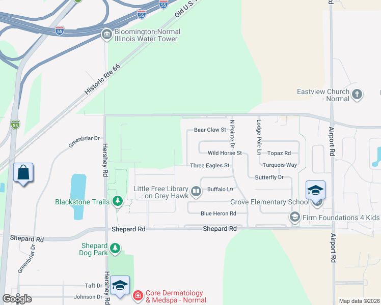 map of restaurants, bars, coffee shops, grocery stores, and more near 1200 Big Horn Way in Normal