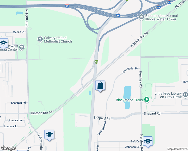 map of restaurants, bars, coffee shops, grocery stores, and more near 69 Veterans Parkway in Normal