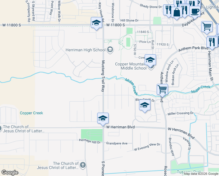 map of restaurants, bars, coffee shops, grocery stores, and more near 12173 Tule Mountain Cove in Herriman
