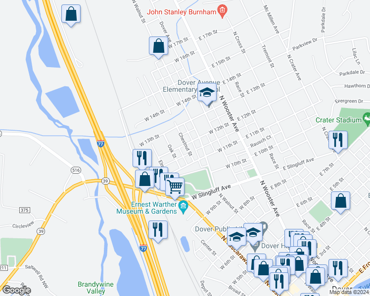 map of restaurants, bars, coffee shops, grocery stores, and more near 402 West 12th Street in Dover