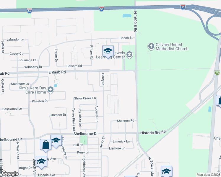 map of restaurants, bars, coffee shops, grocery stores, and more near 1632 Belclare Road in Normal