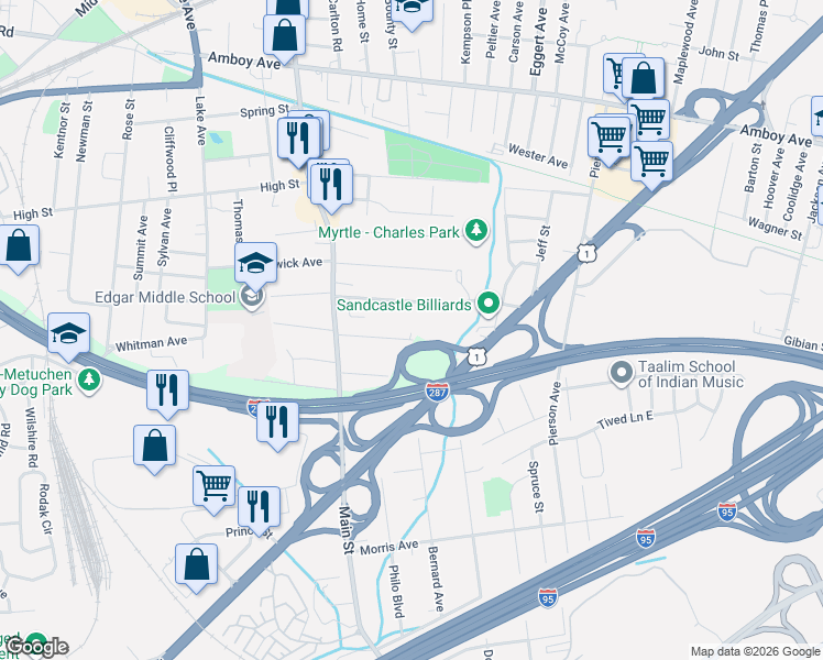 map of restaurants, bars, coffee shops, grocery stores, and more near 61 Hickory Street in Metuchen
