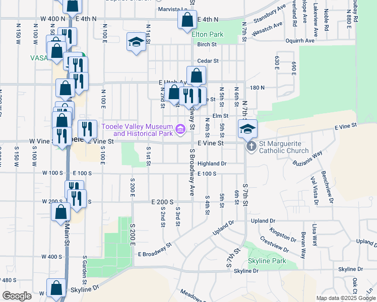 map of restaurants, bars, coffee shops, grocery stores, and more near 14 South Broadway Avenue in Tooele