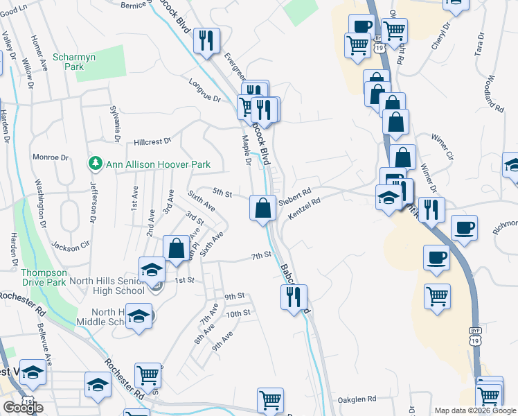 map of restaurants, bars, coffee shops, grocery stores, and more near 3273 Babcock Boulevard in Pittsburgh