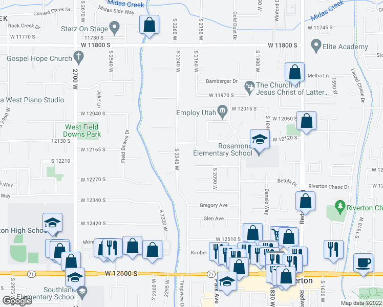 map of restaurants, bars, coffee shops, grocery stores, and more near 12190 South 2160 West in Riverton