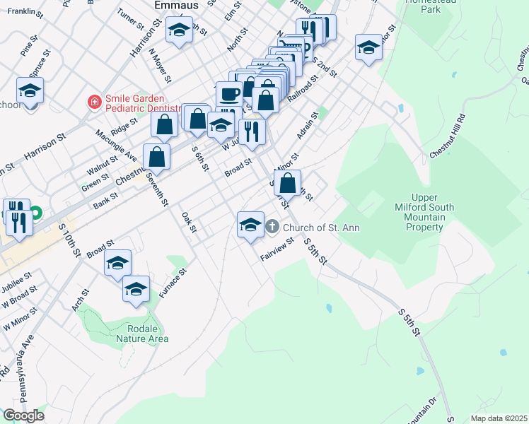 map of restaurants, bars, coffee shops, grocery stores, and more near 558 Furnace Street in Emmaus