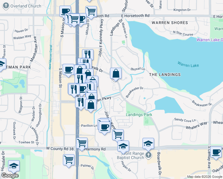 map of restaurants, bars, coffee shops, grocery stores, and more near 4245 East Boardwalk Drive in Fort Collins