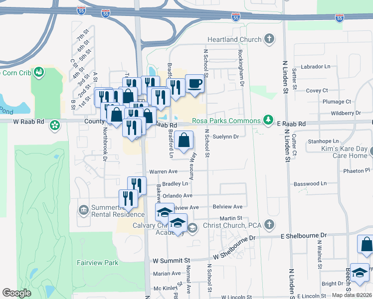 map of restaurants, bars, coffee shops, grocery stores, and more near 5 Plymouth Court in Normal