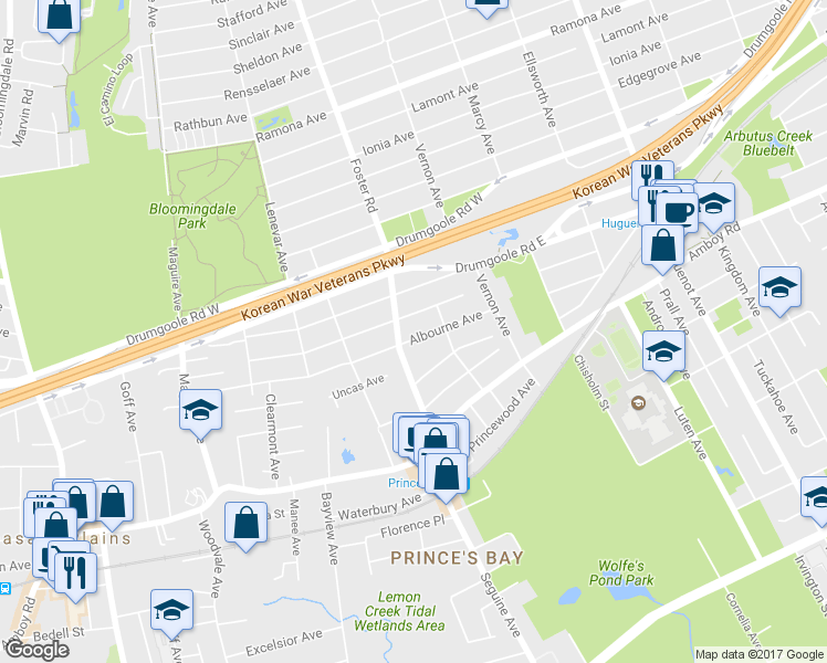 map of restaurants, bars, coffee shops, grocery stores, and more near 299 Albourne Avenue in Staten Island