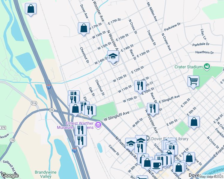 map of restaurants, bars, coffee shops, grocery stores, and more near 1113 North Walnut Street in Dover