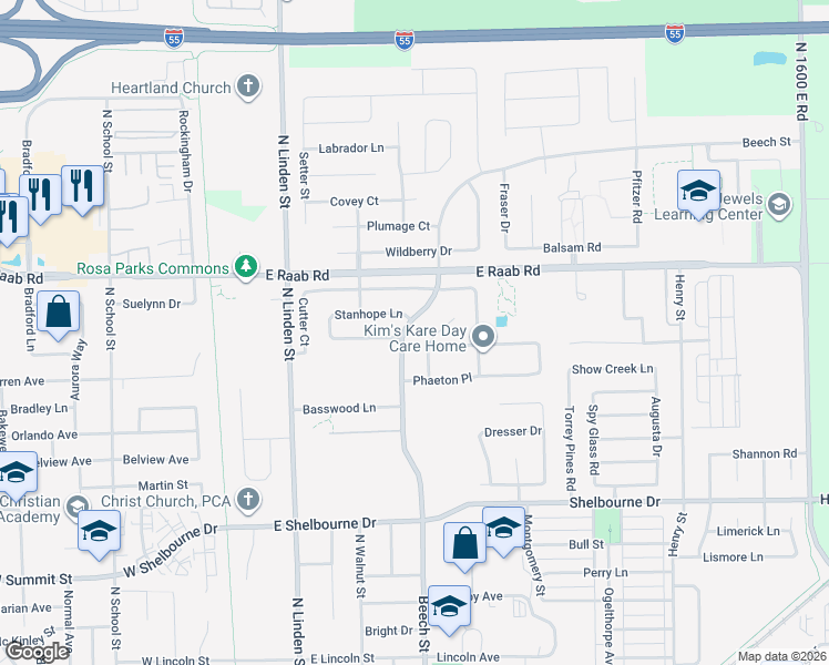 map of restaurants, bars, coffee shops, grocery stores, and more near 1614 Beech Street in Normal