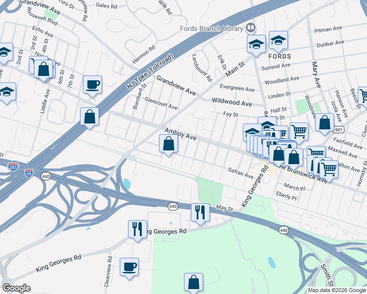 map of restaurants, bars, coffee shops, grocery stores, and more near 39 Madison Avenue in Edison