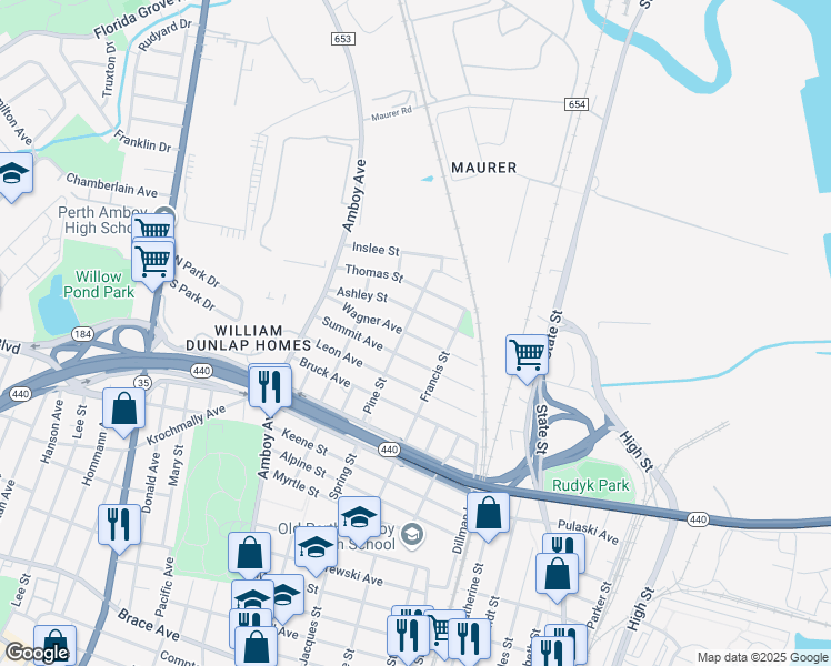 map of restaurants, bars, coffee shops, grocery stores, and more near 364 Wagner Avenue in Perth Amboy