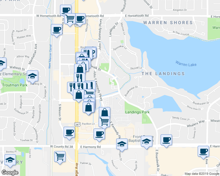 map of restaurants, bars, coffee shops, grocery stores, and more near 4245 East Boardwalk Drive in Fort Collins