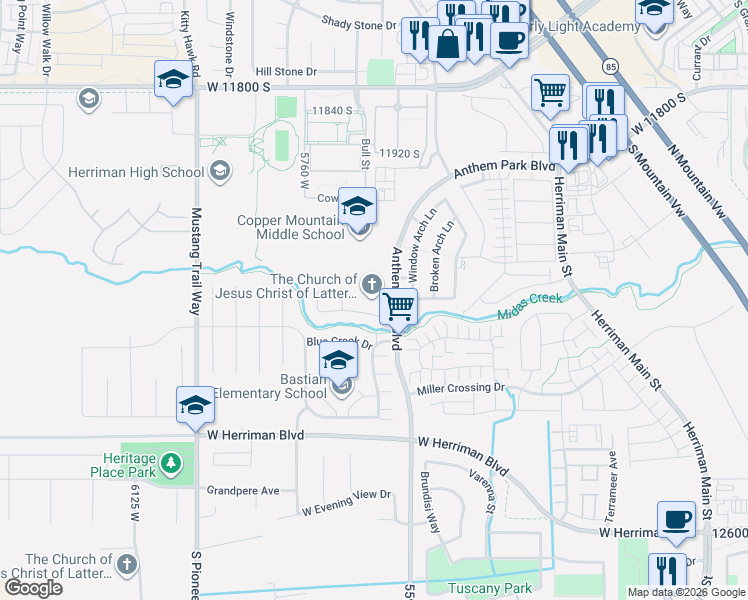 map of restaurants, bars, coffee shops, grocery stores, and more near 5658 Yukon Park Lane in Herriman