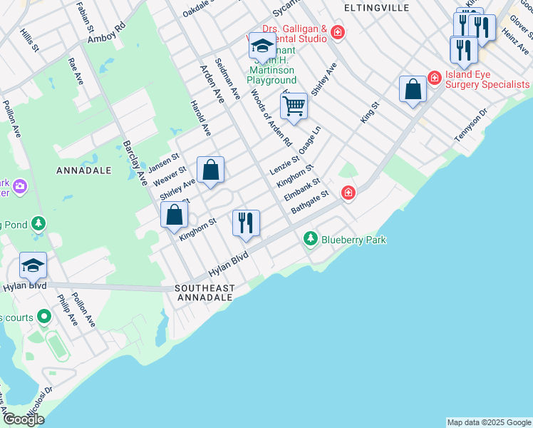 map of restaurants, bars, coffee shops, grocery stores, and more near 112 Elmbank Street in Staten Island
