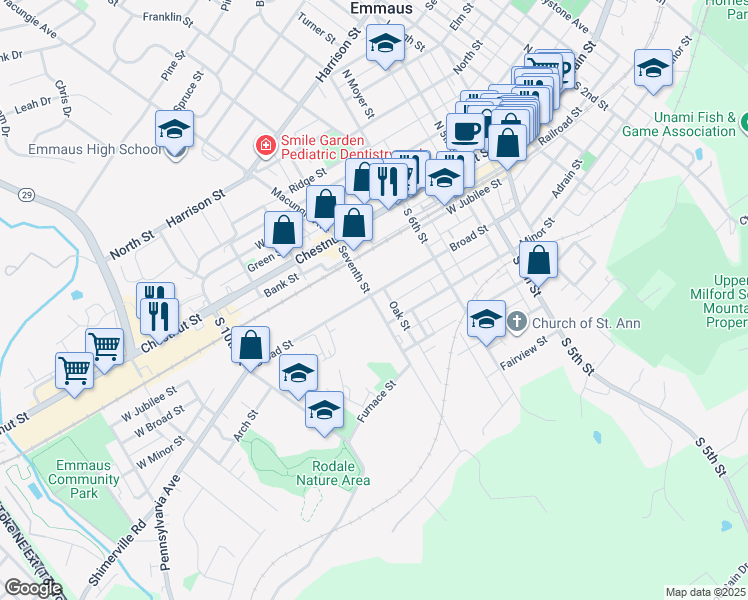 map of restaurants, bars, coffee shops, grocery stores, and more near 662 Adrain Street in Emmaus