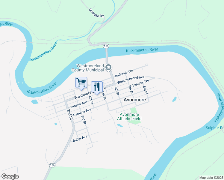 map of restaurants, bars, coffee shops, grocery stores, and more near 601 Indiana Avenue in Avonmore