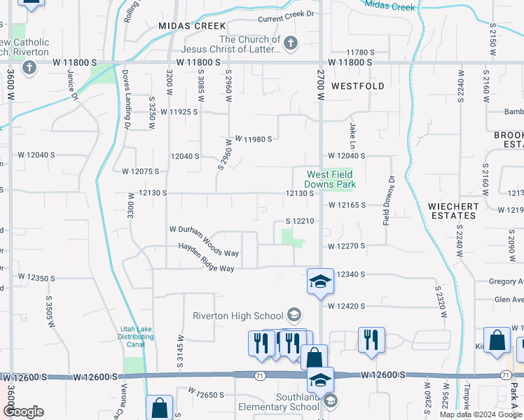 map of restaurants, bars, coffee shops, grocery stores, and more near 12175 2845 West in Riverton