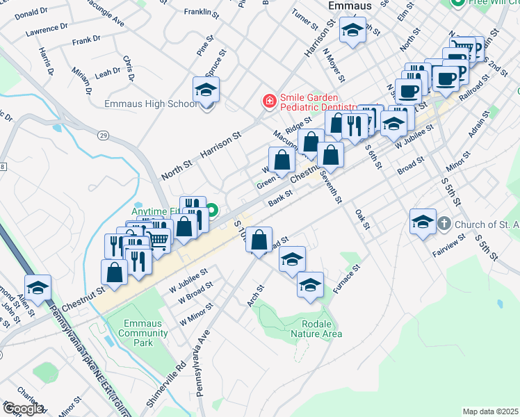 map of restaurants, bars, coffee shops, grocery stores, and more near 908 Bank Street in Emmaus
