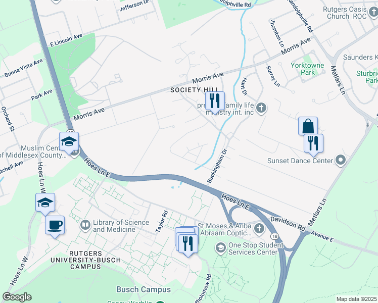 map of restaurants, bars, coffee shops, grocery stores, and more near 355 Lancaster Court in Piscataway