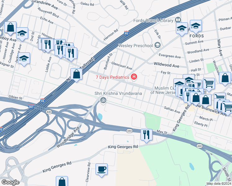map of restaurants, bars, coffee shops, grocery stores, and more near 23 Albany Street in Edison