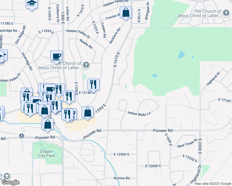 map of restaurants, bars, coffee shops, grocery stores, and more near 1608 East 12165 South in Sandy