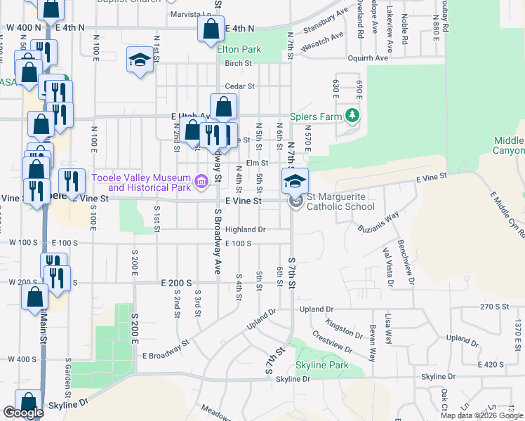 map of restaurants, bars, coffee shops, grocery stores, and more near 21 South 5th Street in Tooele