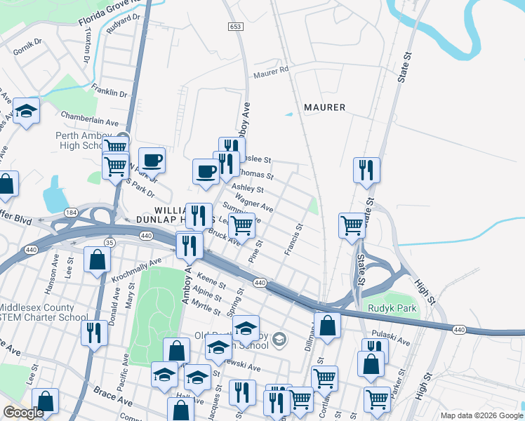 map of restaurants, bars, coffee shops, grocery stores, and more near 393 Wagner Avenue in Perth Amboy