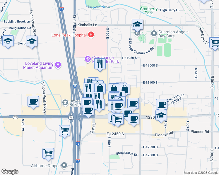 map of restaurants, bars, coffee shops, grocery stores, and more near 164 Spencer Peak Way in Draper