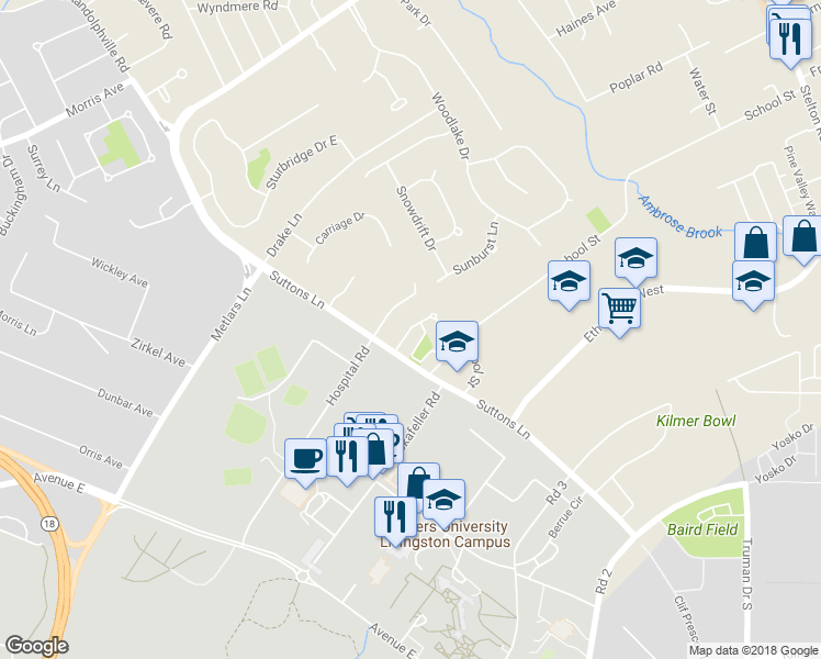 map of restaurants, bars, coffee shops, grocery stores, and more near 4 Redbud Road in Piscataway