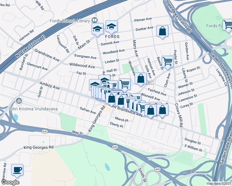 map of restaurants, bars, coffee shops, grocery stores, and more near 14 South 2nd Street in Woodbridge Township