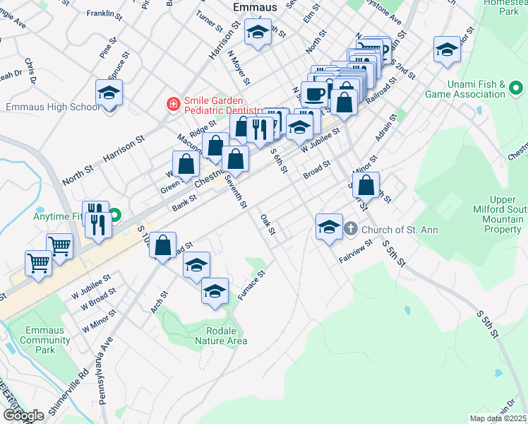 map of restaurants, bars, coffee shops, grocery stores, and more near 662 Adrain Street in Emmaus