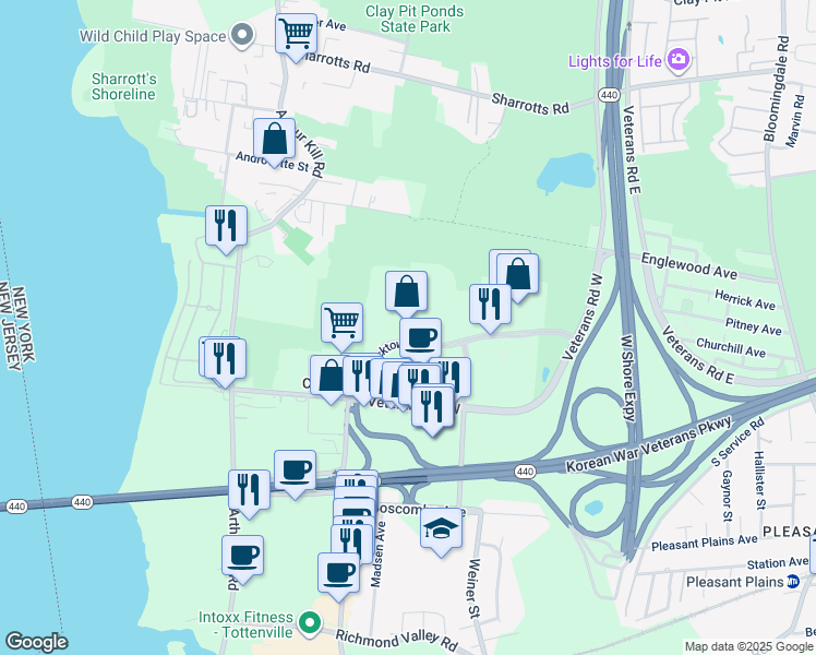 map of restaurants, bars, coffee shops, grocery stores, and more near 245 Bricktown Way in Staten Island