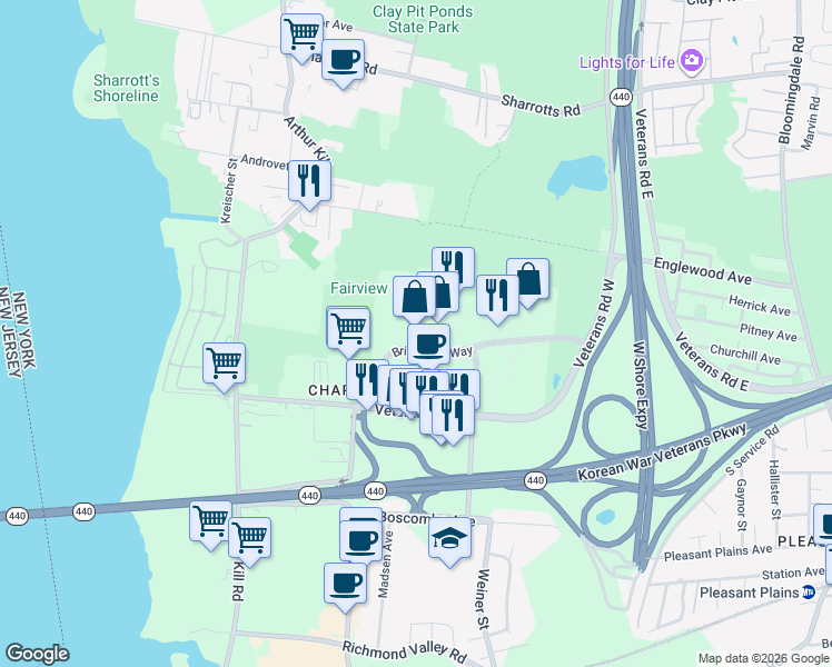map of restaurants, bars, coffee shops, grocery stores, and more near 245 Bricktown Way in Staten Island