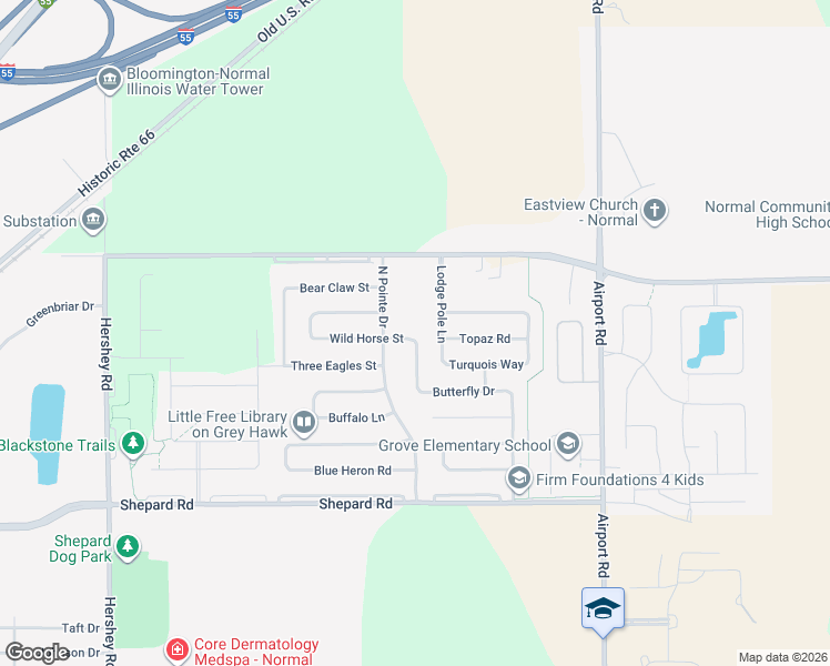 map of restaurants, bars, coffee shops, grocery stores, and more near 3120 Wild Horse Street in Normal