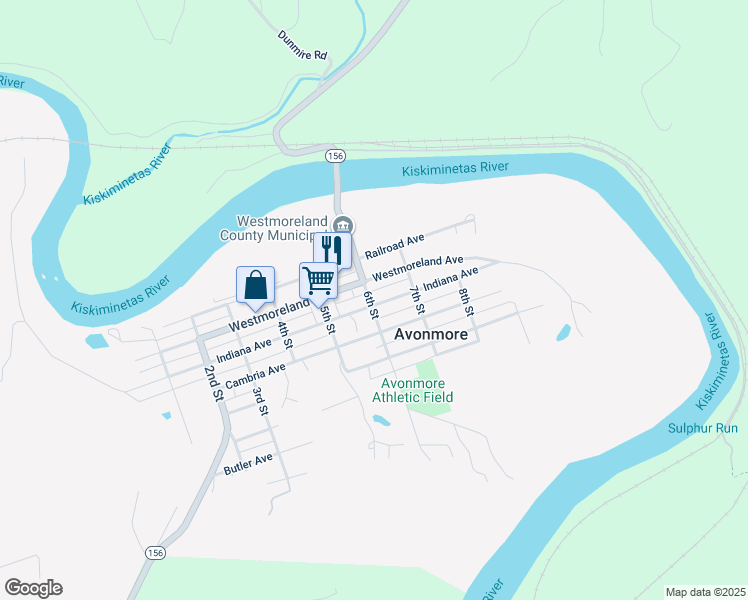 map of restaurants, bars, coffee shops, grocery stores, and more near 601 Indiana Avenue in Avonmore