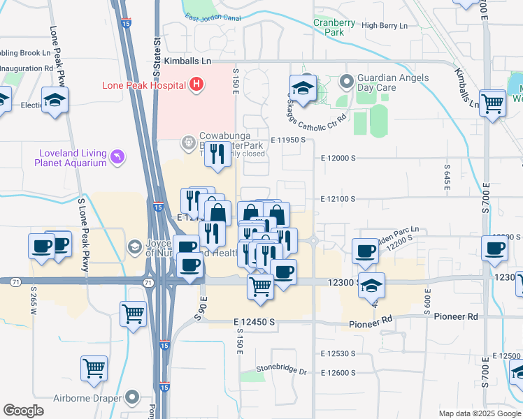map of restaurants, bars, coffee shops, grocery stores, and more near 191 Spencer Peak Way in Draper