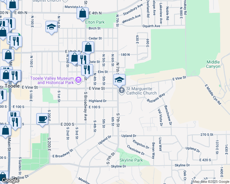map of restaurants, bars, coffee shops, grocery stores, and more near 32 South 7th Street in Tooele