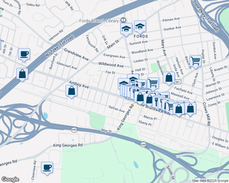 map of restaurants, bars, coffee shops, grocery stores, and more near 7 Franklin Avenue in Edison