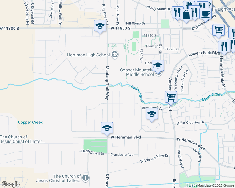map of restaurants, bars, coffee shops, grocery stores, and more near 12173 Tule Mountain Cove in Herriman
